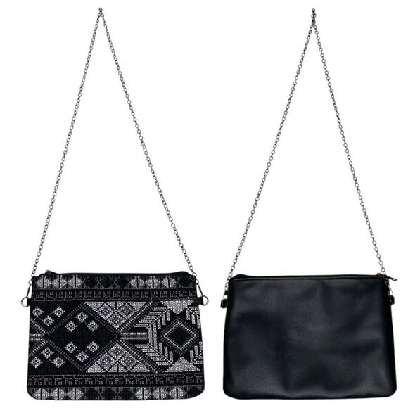 Aztec Print Vegan Leather Crossbody Purse Boho Eclectic Modern Monochrome Artsy - Picture 1 of 11